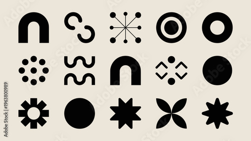 An abstract arrangement of various black geometric shapes is displayed against a neutral beige background showcasing minimalist design high quality professional detailed modern elegant stylish clean