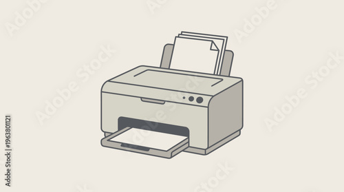 Minimalist vector illustration of a modern office printer machine with paper