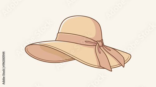 Illustration of a beige straw hat with a pinkish ribbon bow for summer fashion.