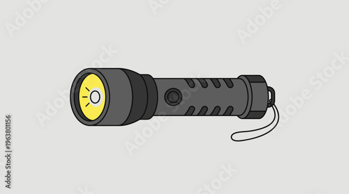 Flat illustration of a black tactical flashlight with a yellow light beam
