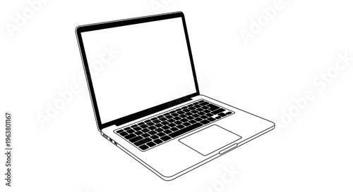 Laptop computer line art illustration isolated on white background.