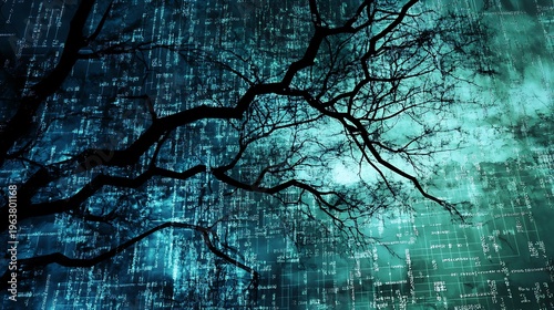 Abstract digital tree silhouette against cybernetic background