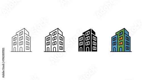 A set of four stylized building icons are displayed each with a unique color scheme and outlining approach high quality professional detailed modern elegant stylish clean