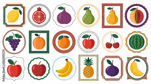 A vibrant collection of various fruits including lemons apples pears and berries is presented within decorative frame illustrations high quality professional detailed modern elegant stylish clean