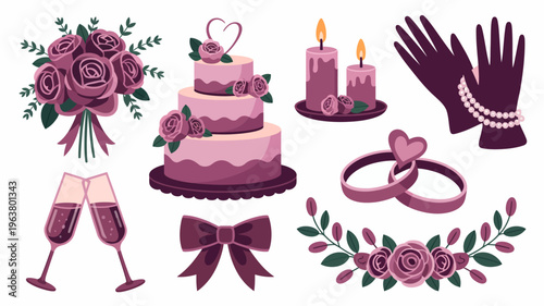 A romantic illustration depicts a tiered wedding cake adorned with roses alongside champagne glasses rings and decorative elements high quality professional detailed modern elegant stylish clean