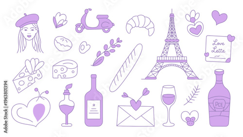 A collection of hand drawn lilac toned illustrations depicts iconic french symbols like the eiffel tower croissants and wine evoking parisian charm high quality professional detailed