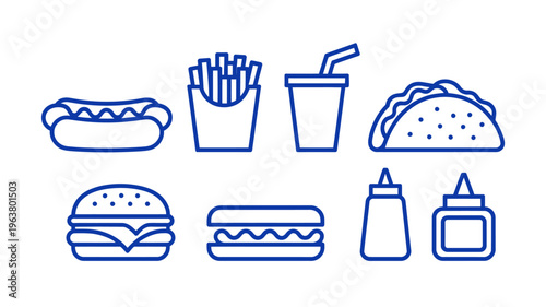 A collection of fast food items is displayed in a simple linear style including burgers tacos fries and condiments high quality professional detailed modern elegant stylish