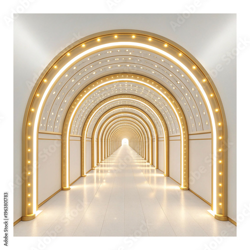 Endless illuminated golden arched corridor with reflective floor hallway tunnel