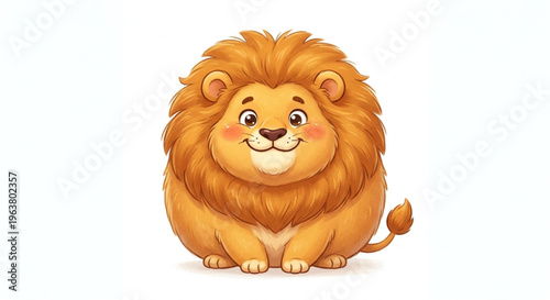 Cute and chubby lion cartoon character sitting and smiling isolated on white background
