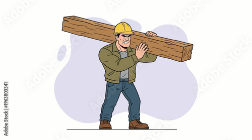 Strong Construction Worker in Hard Hat Struggling to Carry Heavy Wooden Beam on Shoulder, Manual Labor Challenge Vector