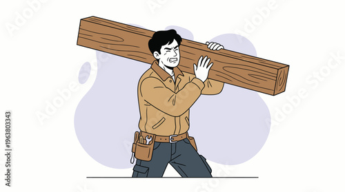 Illustrated Man with Tool Belt Straining to Carry a Large Wooden Plank on His Shoulder, Hard Labor Concept
