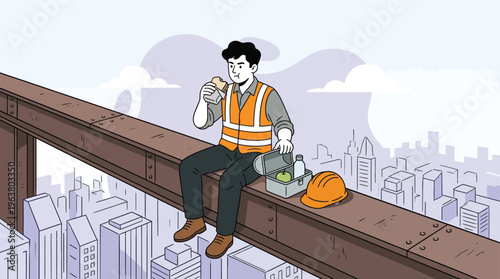 Hardworking Construction Worker Enjoying Lunch Break on Steel Beam High Above City Skyline