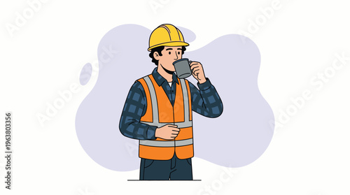 Professional Construction Worker in Safety Vest and Hard Hat Enjoying a Coffee Break