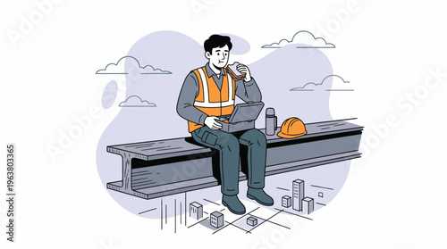 Dedicated Construction Worker Enjoying a Lunch Break High Above City on Steel Beam