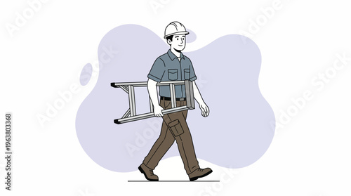 Confident Handyman in Hard Hat Carrying Folding Ladder for Repair and Maintenance. Smiling Worker Illustration.