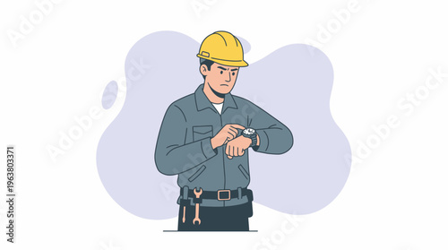 Focused Male Construction Worker in Hard Hat Checking Wristwatch, Highlighting Time Management and Project Deadlines