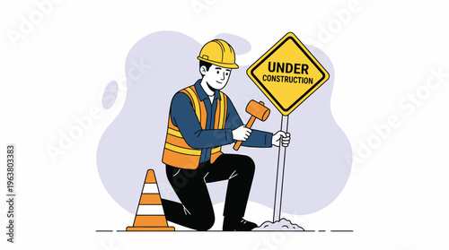 Dedicated Construction Worker Installs 'Under Construction' Sign, Symbolizing Website Development and Maintenance in Progress