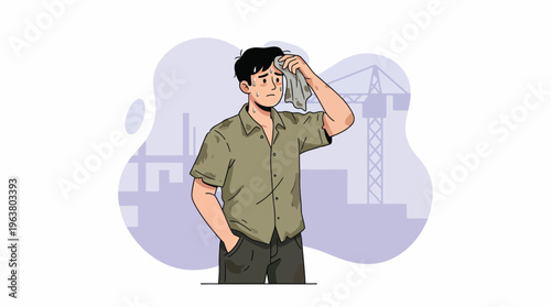 Stressed Young Man Wiping Sweat from His Forehead Amidst Heat, Illustrating Hard Work, Fatigue, or Summer Discomfort