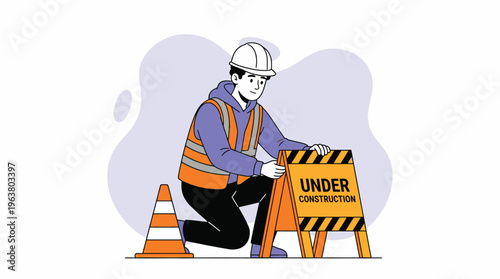 Worker in Hard Hat and Safety Vest Placing 'Under Construction' Sign, Representing Website Update and Development Progress