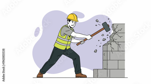 Energetic Construction Worker in Hard Hat and Vest Breaking Down a Brick Wall Using a Sledgehammer, Demolition and Renovation