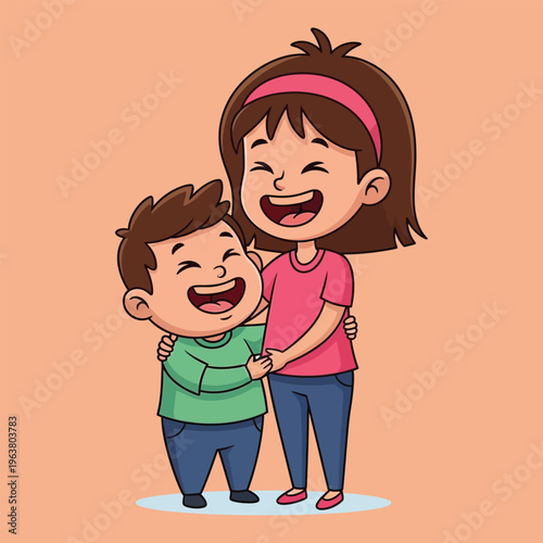 Young brother and sister laughing together showing their bond and happiness with a warm hug playful cute illustration.