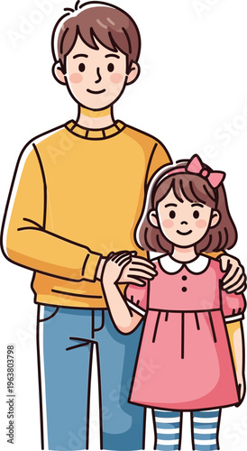 Father and daughter standing together with father's arm around daughter showing love and bond happy family cartoon.