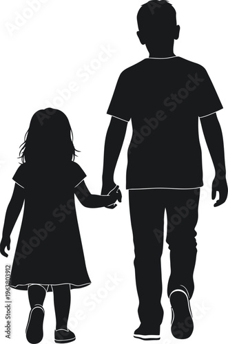 Silhouette of a boy holding hand of little girl walking together against checkered background.