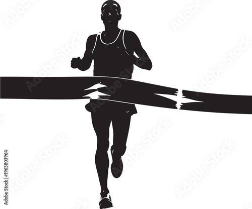Silhouette of male runner crossing finish line in dramatic dynamic motion with bold black and colors for sports marketing Transparent Background