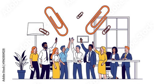 Dynamic multi-ethnic corporate team leveraging organizational synergy to achieve project milestones in a modern collaborative workspace.