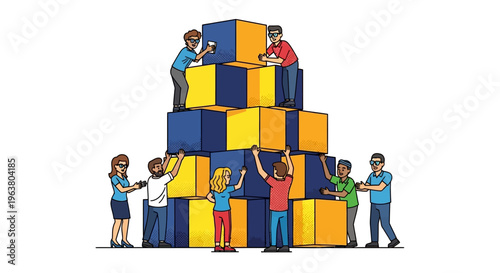 Diverse agile team building scalable corporate foundations with modular blocks representing collaborative business strategy and project development