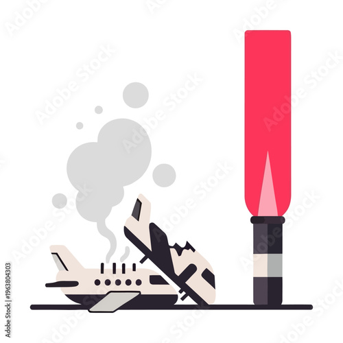 a dangerous plane crash accident caused by a lightsaber showing an airplane wreck with smoke in a flat design illustration.