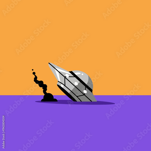 crashed ufo flying saucer a flat design alien crash half-submerged in purple liquid smoking.