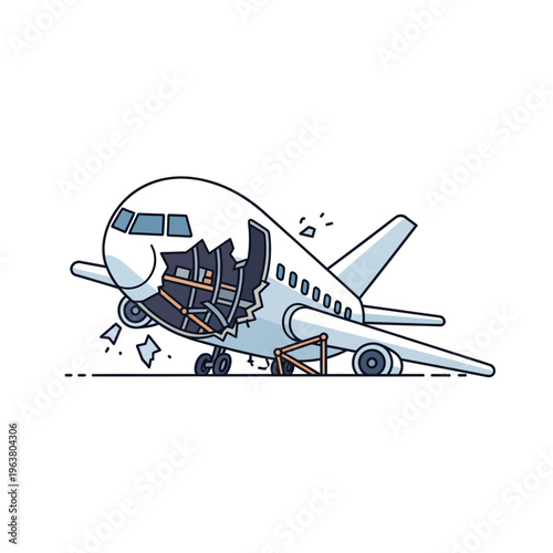 damaged airplane vector illustration depicting a severe air travel accident with a broken fuselage and exposed internal structure