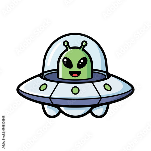 cute green alien character piloting a cartoon flying saucer spaceship smiling brightly representing friendly extraterrestrial exploration.