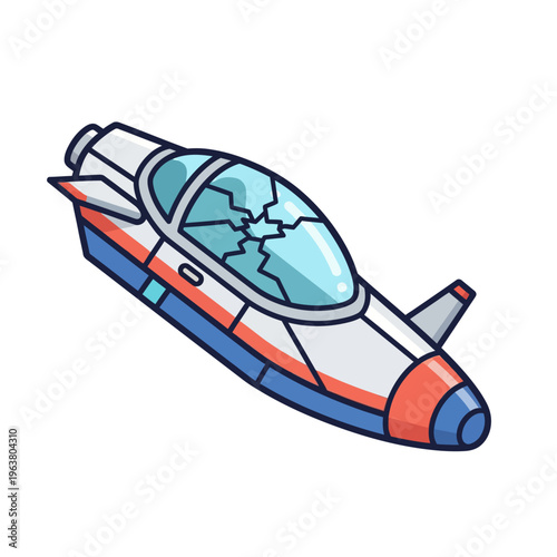 damaged spaceship with a cracked cockpit illustrating a space accident or technical failure in a cartoon flat design