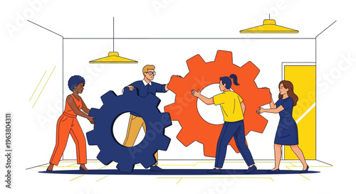 Diverse Professional Team Aligning Large Gears for Seamless Business Operations and Operational Synergy