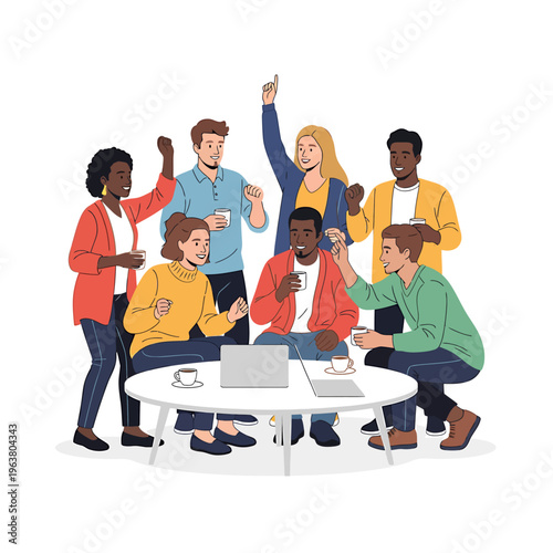 diverse business team of happy young professionals collaborating and celebrating success during an informal meeting with laptops.