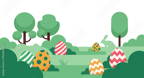 flat design easter egg hunt with colorful easter eggs and bunny in spring green landscape for holiday celebration.
