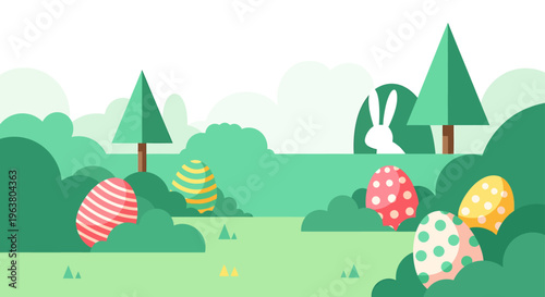 flat design easter egg hunt with colorful eggs hidden in green bushes and a peek-a-boo bunny for springtime holiday celebrations
