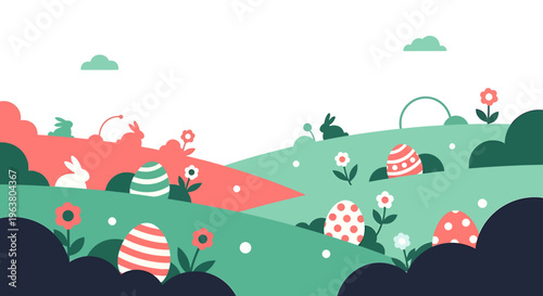 flat design easter landscape with scattered eggs and cute bunnies on rolling hills perfect for spring holiday celebrations and greeting cards