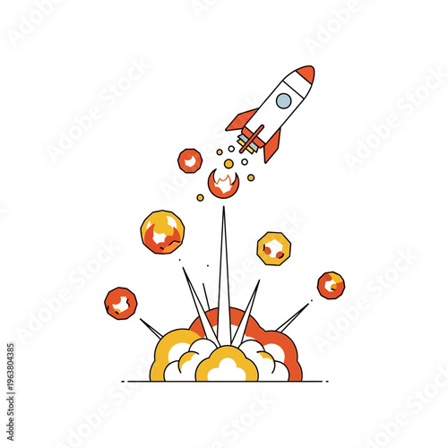 flat design rocket launch with an explosion illustrating startup concept and business success ideal for innovation and project growth.