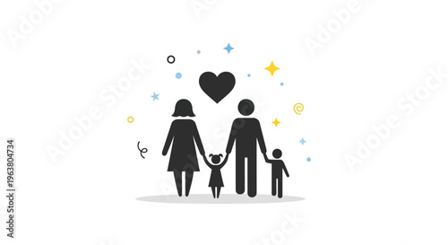 Family with dog and child walking.
