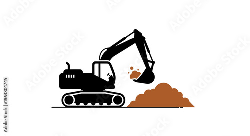 Excavator digging pile of dirt ground.