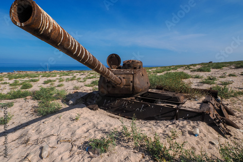 Rusty Abandoned Tank on Socotra Island Beach, copy space
