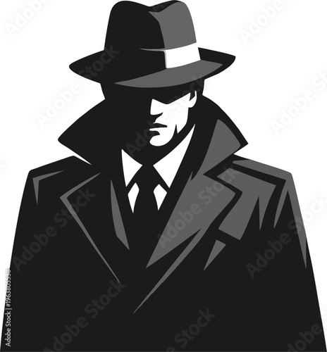 Bild auf Leinwand Mysterious Detective Silhouette in Fedora and Trench Coat – Dark Noir Spy Man Ve
