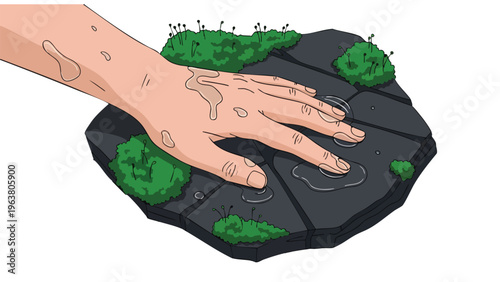 Hand Touching Wet Mossy Stone, Nature Exploration, Outdoor Environment Concept
