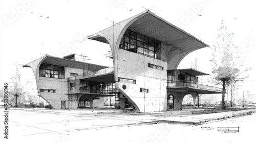 Futuristic Building Architecture With Curved Roofs And Balconies In Urban Setting For Design Concepts