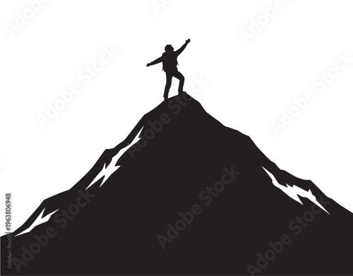 Person standing on mountain peak in victorious silhouette against for business success Transparent Background