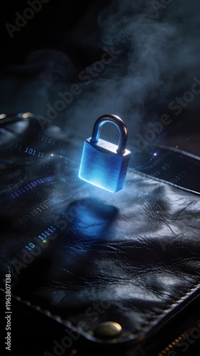 Moody Cinematic Glowing Blue Padlock with Encrypted Binary Code Particles on Dark Textured Leather Surface for Cybersecurity Smart Tech and AI Everyday Integration