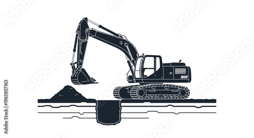 Heavy excavator digging into ground.